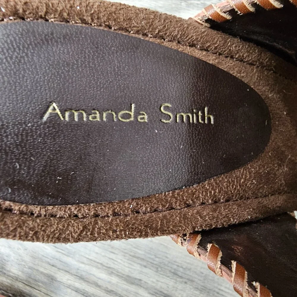 Amanda Smith Salmon Topaz Bead Adorned Leather Boho Platform Heel Sandal NEW